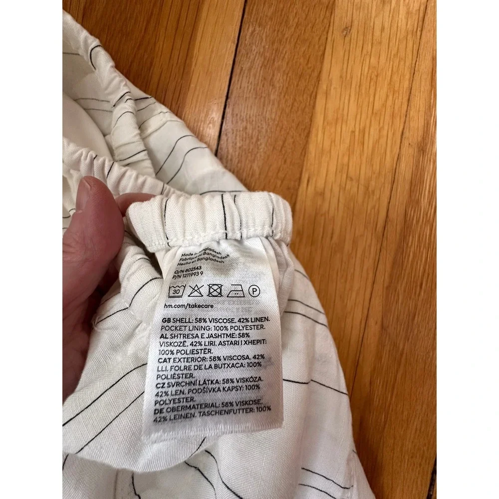 H&M Women White Striped Linen Blend Wide Leg Drawstring Pants Size S